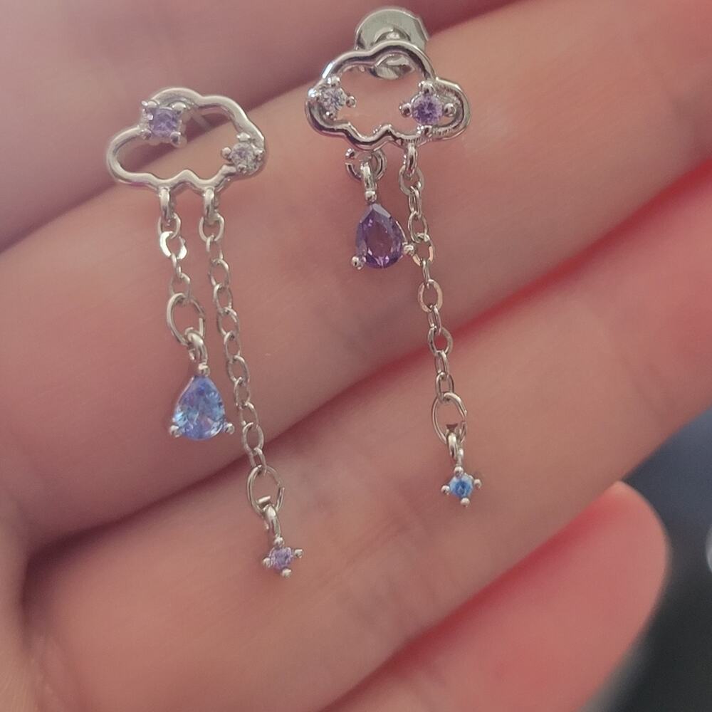 Delicate blue & purple crystal rain cloud silver tone dangle post earrings